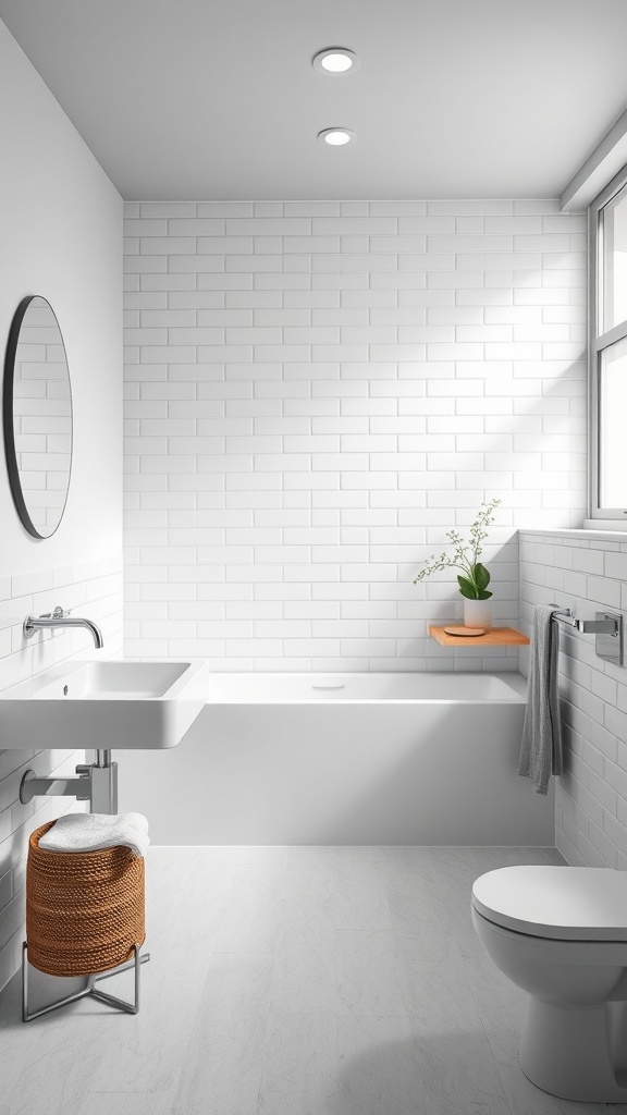 Stylish grey and white bathroom featuring a minimalist design with a large mirror, white subway tiles, and natural elements.