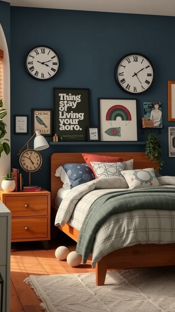 A modern teen boy bedroom featuring a blue wall, wooden furniture, and decorative art