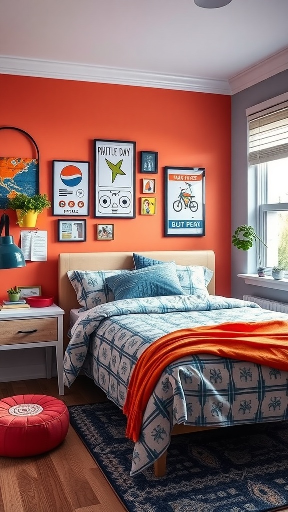A modern teen boy's bedroom featuring vibrant orange walls, patterned bedding, eclectic wall art, and colorful accessories.