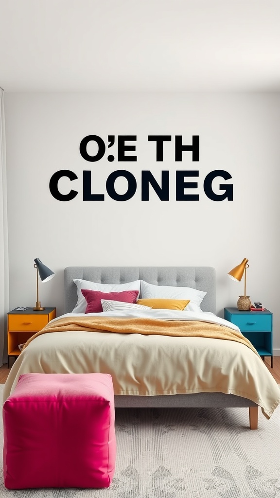A modern teen boy bedroom featuring colorful accent furniture including bright nightstands and a pink pouf.
