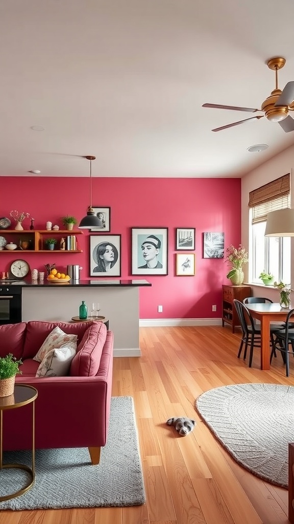 A bright pink accent wall in a living room and kitchen space, showcasing framed artwork and a cozy atmosphere.