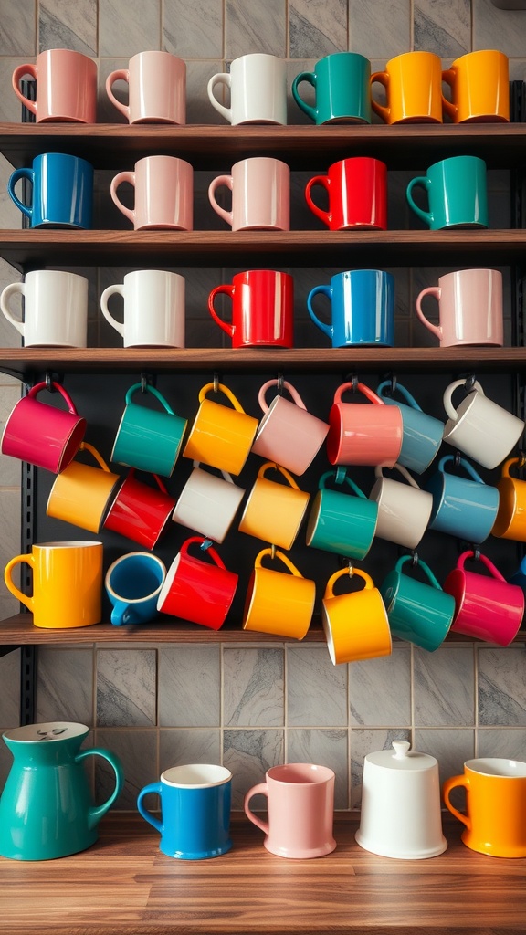 A vibrant display of coffee mugs in various colors arranged on shelves.