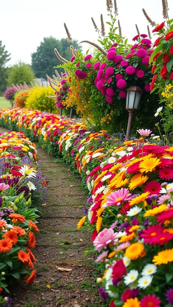 A vibrant garden path lined with colorful flowers in various shades, creating a lively and inviting atmosphere.