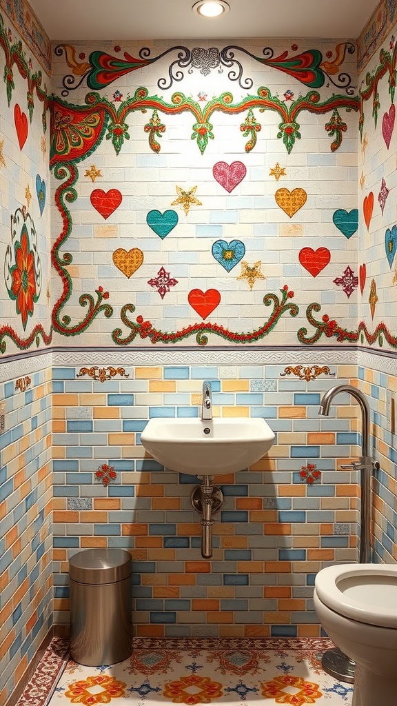 A bathroom with colorful mosaic tiles featuring hearts and stars.