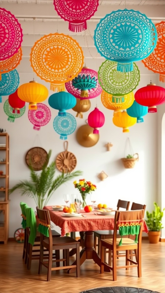 Dining area decorated with colorful papel picado and lanterns