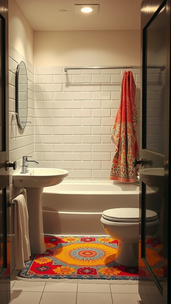 A small bathroom featuring a colorful rug, a round mirror, and white tiled walls.