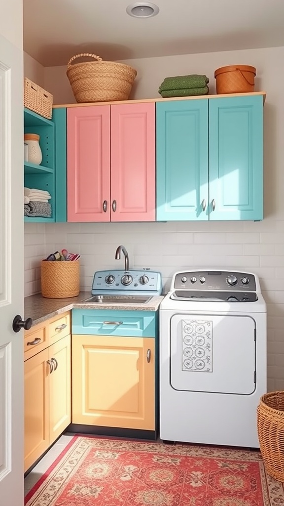 A bright laundry room with colorful shaker cabinets in pink, turquoise, and orange.