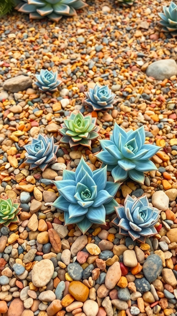 A colorful succulent arrangement amongst gravel, featuring various shades of blue and green.