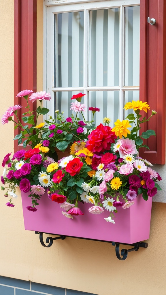 Colorful window box filled with vibrant flowers like roses and daisies, set under a window.