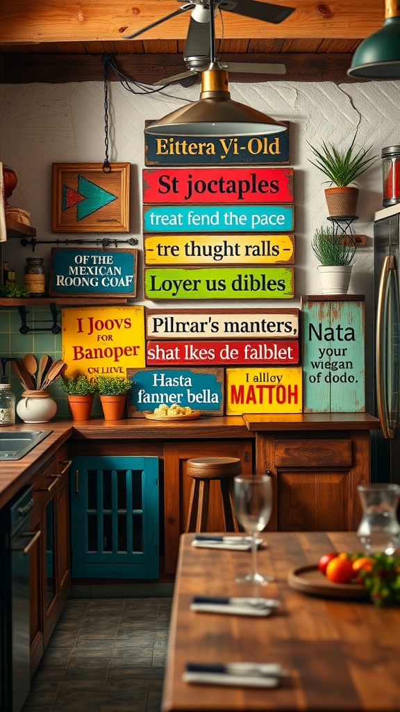 A collection of colorful wooden signs hanging on a kitchen wall, adding charm and vibrancy to the rustic decor.