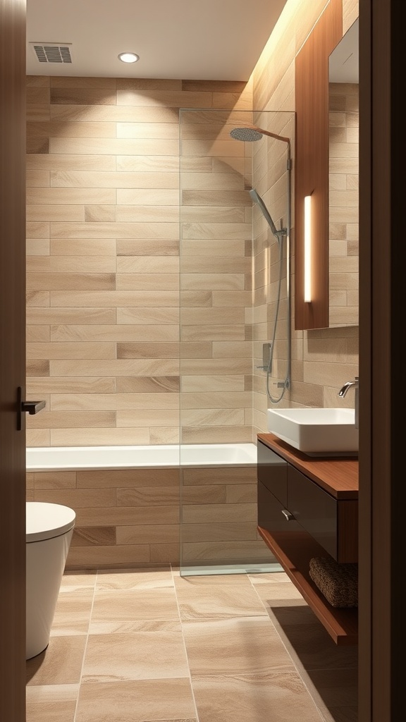 A modern bathroom featuring a combination of light and dark brown tiles, with a glass shower enclosure and dark cabinetry.