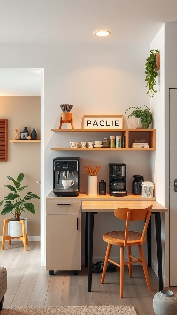 Compact coffee bar setup in a stylish apartment with a coffee machine, storage, and decorative shelves.