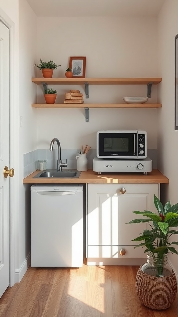Compact cottage kitchen featuring a small refrigerator, microwave, and open shelves with plants.
