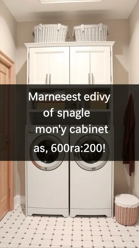 A laundry room featuring a compact corner cabinet above washing machines, with decorative baskets on top.