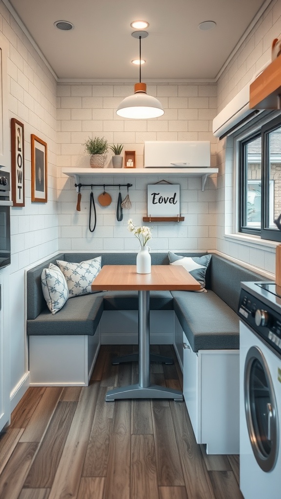 Cozy dining nook in a small cottage kitchen with bench seating and a wooden table