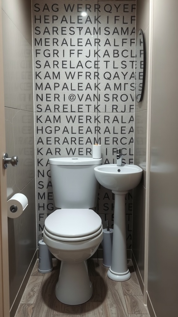 A compact bathroom featuring a small toilet and pedestal sink, with a bold patterned wall.