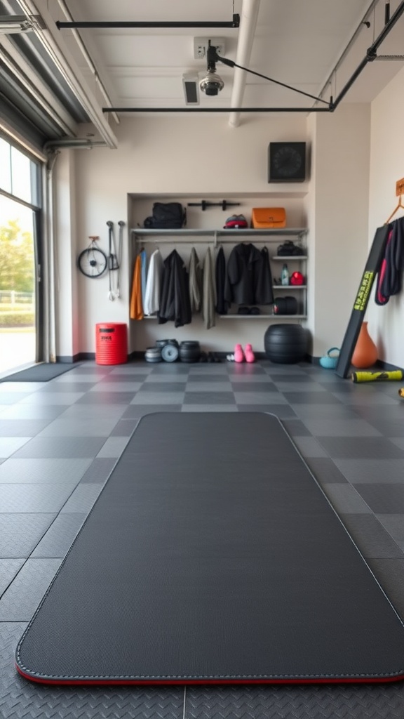 A compact black folding gym mat placed on a tiled garage gym floor, surrounded by organized gym equipment.