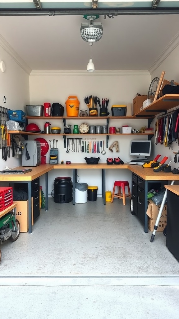 Compact garage workshop with organized tools and workbenches