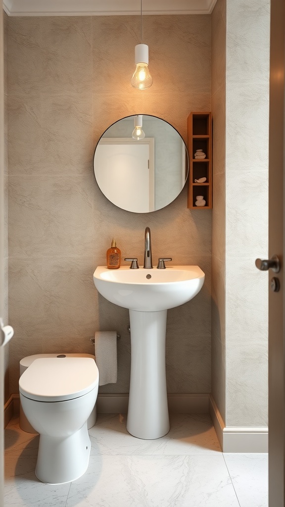 Compact bathroom featuring a pedestal sink with integrated storage, round mirror, and warm lighting.