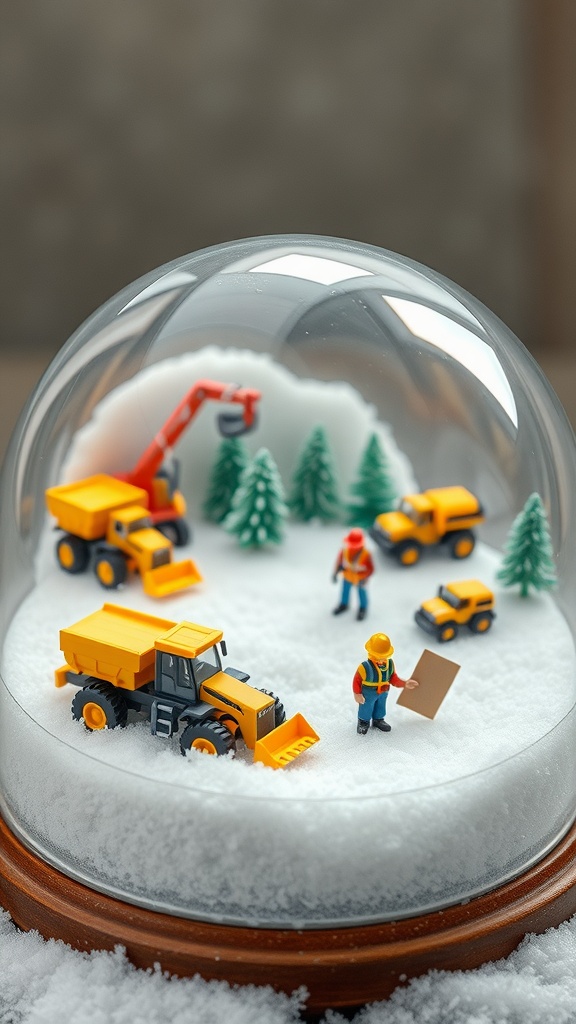 A snow globe featuring a construction site with miniature yellow vehicles and workers surrounded by snow and trees.