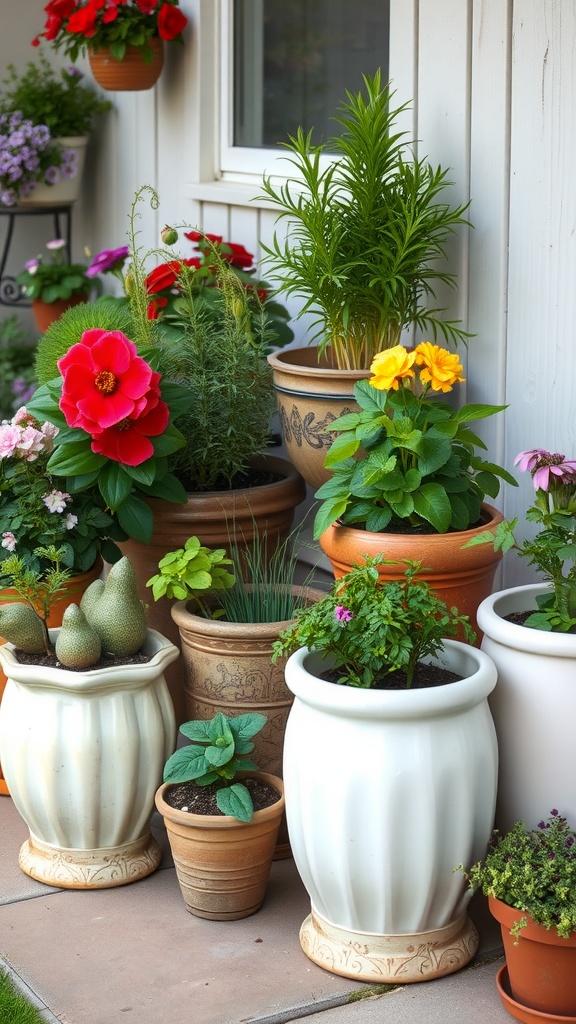 An arrangement of colorful potted plants, including flowers and greenery, displayed near a house.