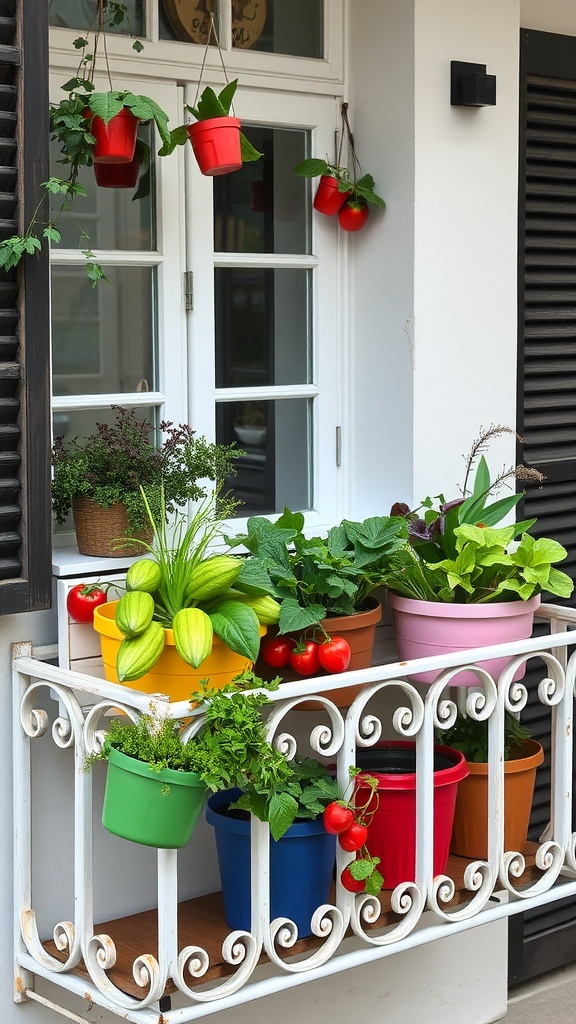 Colorful pots filled with various plants on a balcony, including tomatoes and leafy greens.