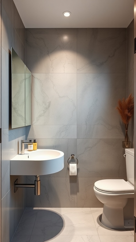 A contemporary bathroom featuring a floating sink, marble walls, and metallic accents.