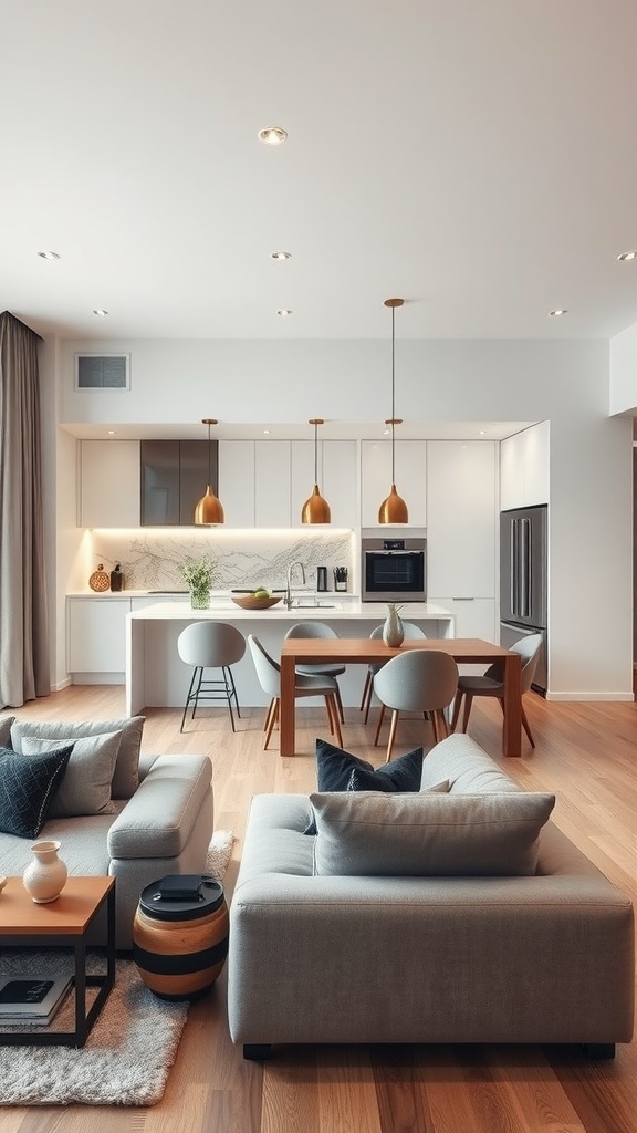 A contemporary living room and kitchen design featuring a cozy sofa, wooden coffee table, and modern kitchen appliances.