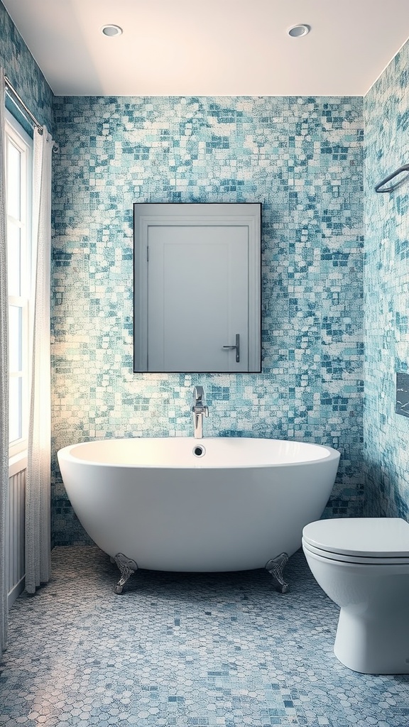 A bathroom featuring contemporary glass mosaic tiles in shades of blue, with a freestanding bathtub and modern fixtures.