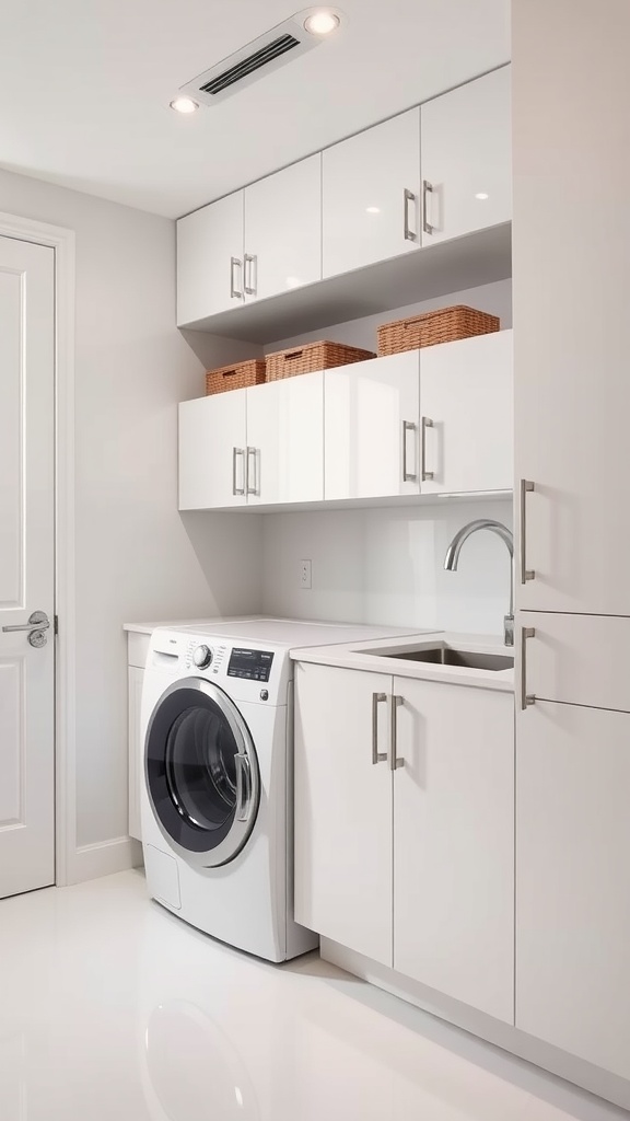 A contemporary laundry room featuring high-gloss white cabinets, a washer, and a sink with woven baskets on top.