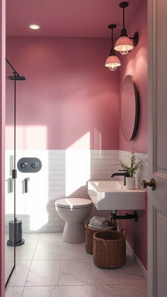 A contemporary mauve bathroom with modern lighting and natural light