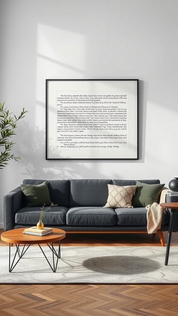 Living room featuring a dark gray couch with wall art above, green cushions, and a wooden coffee table.