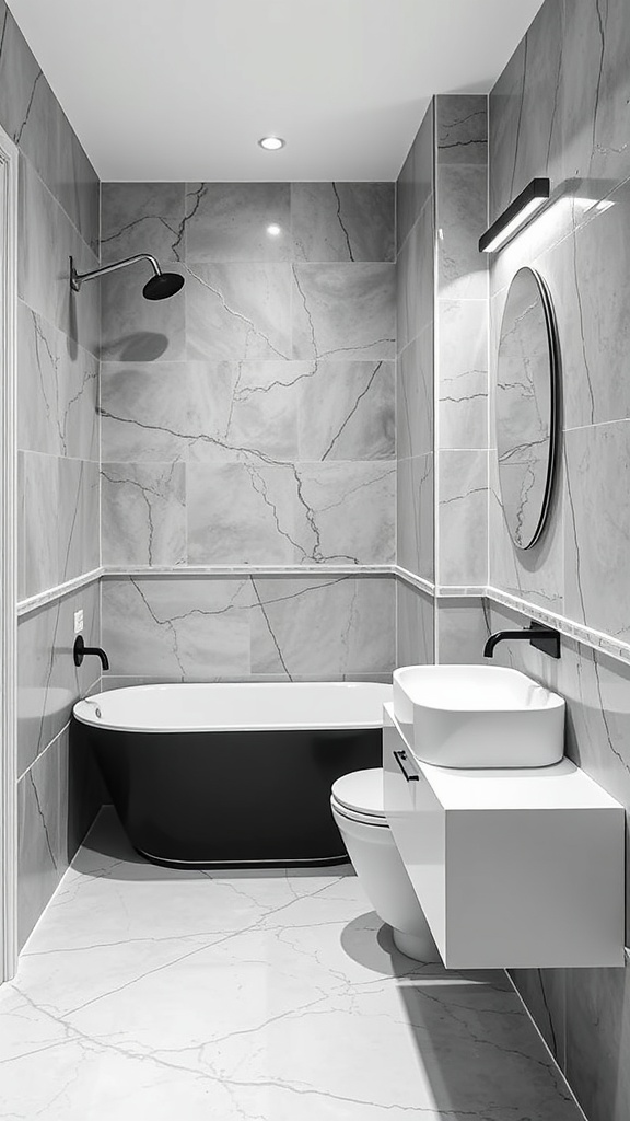 A modern grey and white bathroom featuring dark grout, a black bathtub, and a sleek sink.