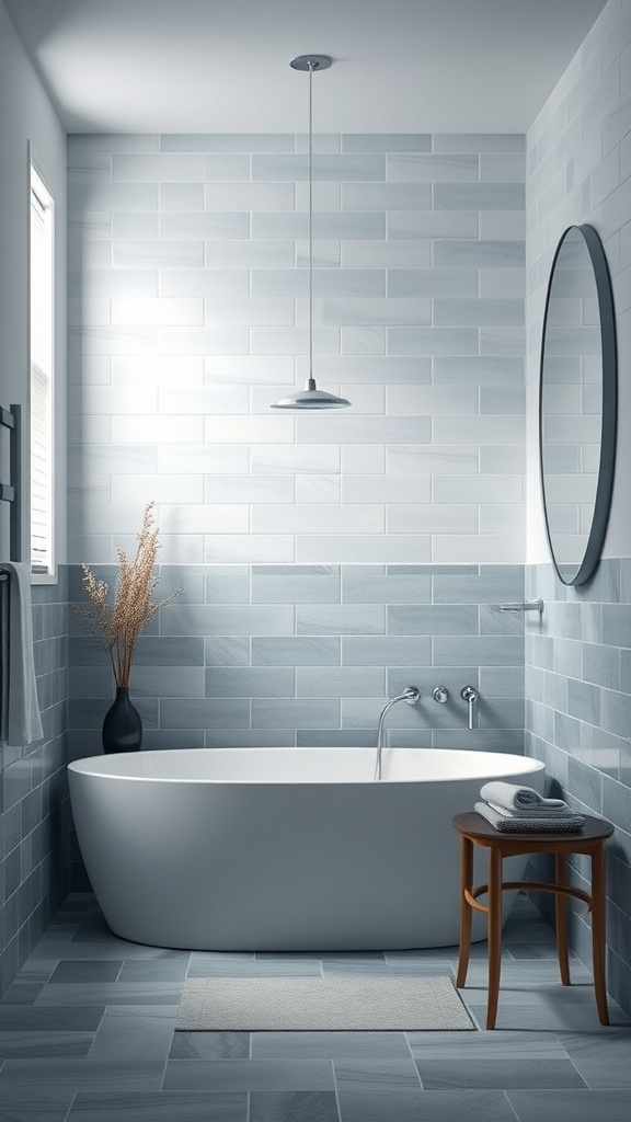 A modern bathroom featuring cool blue and gray ombre tiles, a freestanding bathtub, and minimalist decor.