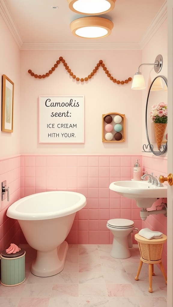 A kid-friendly bathroom designed like an ice cream shop, featuring pink walls, playful decorations, and a whimsical sign.