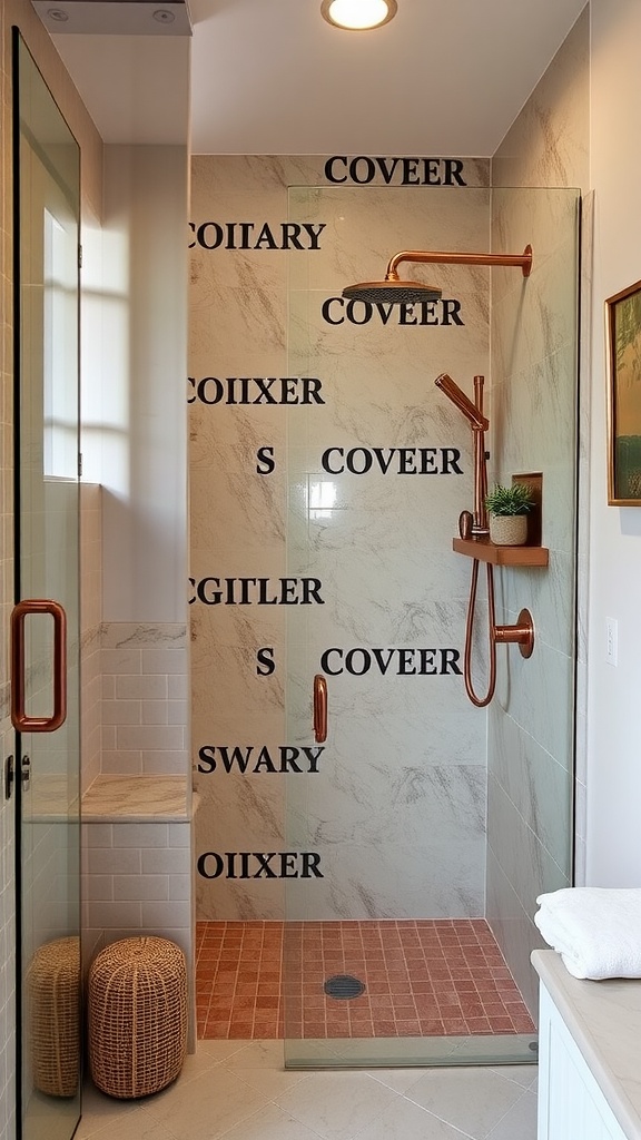 Rustic walk-in shower with copper accents and marble walls