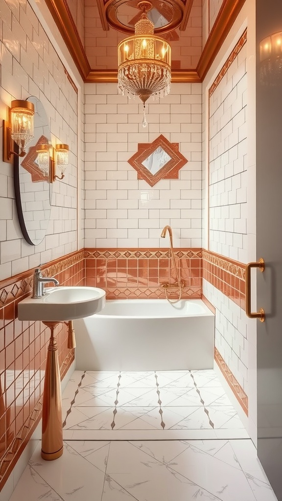 A stylish bathroom featuring copper and white tiles in an Art Deco style with elegant lighting.