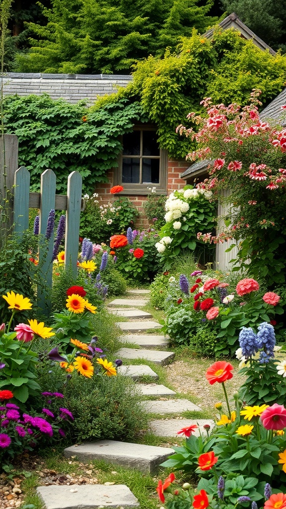 A picturesque cottage garden with a stone pathway surrounded by colorful flowers and greenery.