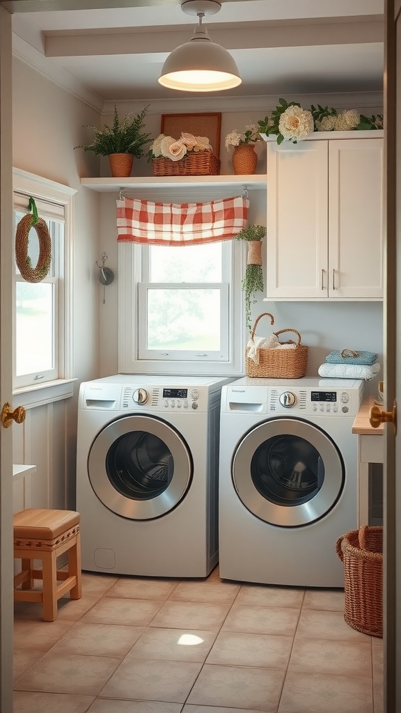 A cozy laundry room featuring white cottage style cabinets, plants, and decorative elements.