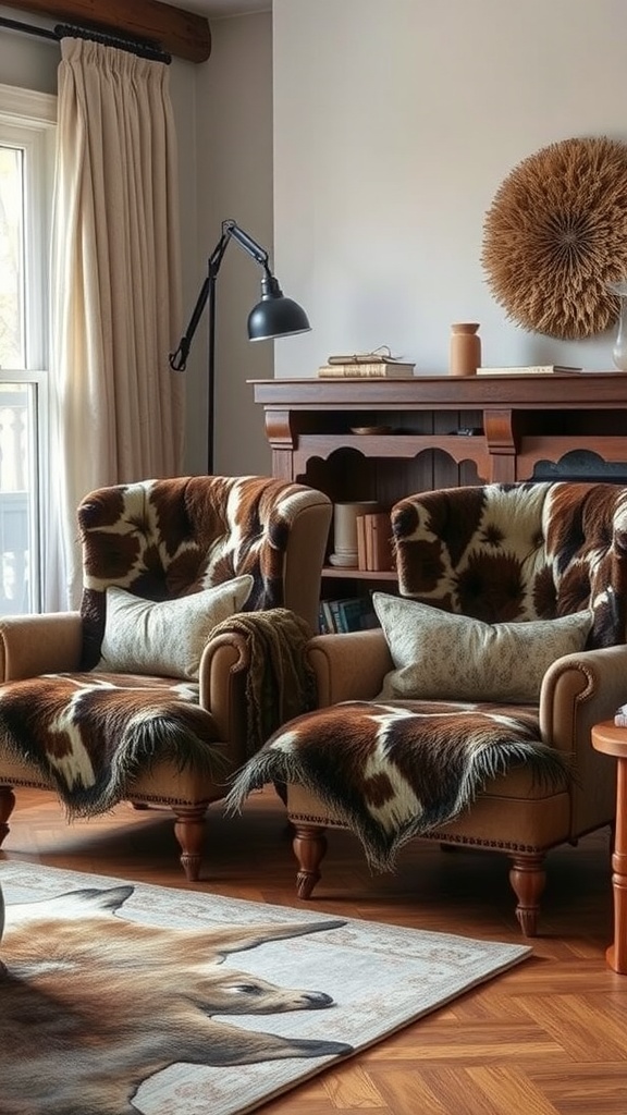 A cozy living room featuring two armchairs with animal skin throws, a wooden table, and warm lighting.