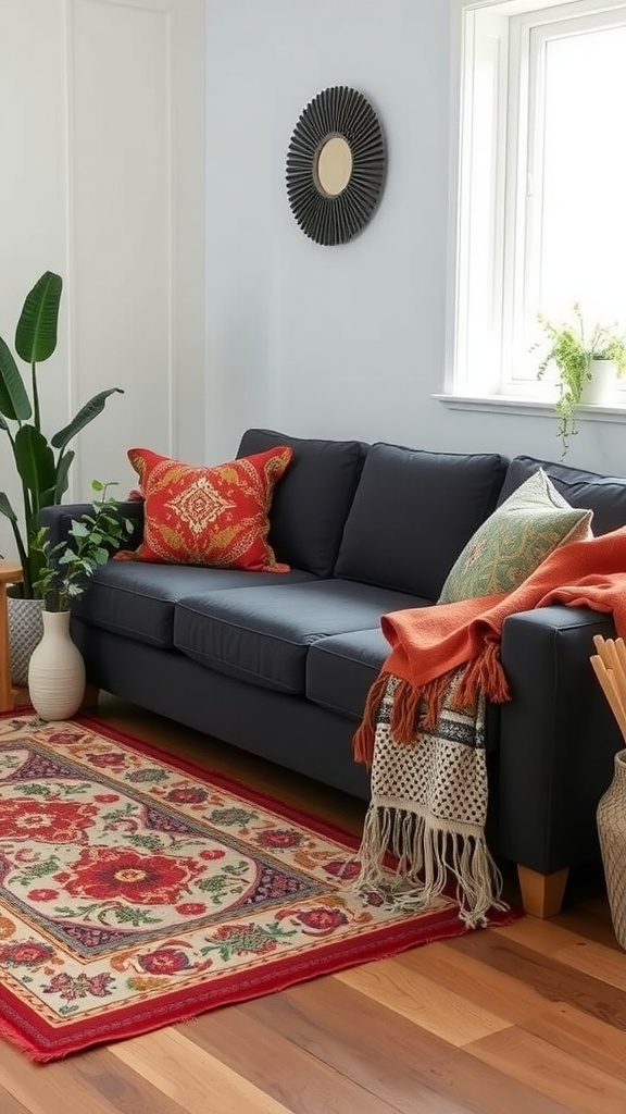 A cozy living room with a dark gray couch, colorful pillows, a patterned rug, and a potted plant.