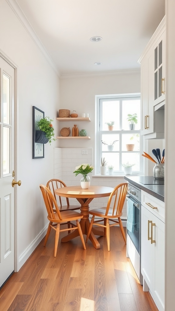 Cozy breakfast nook with a round wooden table and chairs, surrounded by plants and natural light.