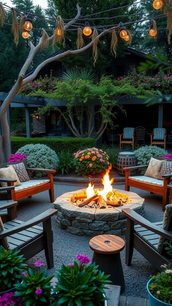 Cozy outdoor fire pit surrounded by chairs and flowers, with lights hanging above.