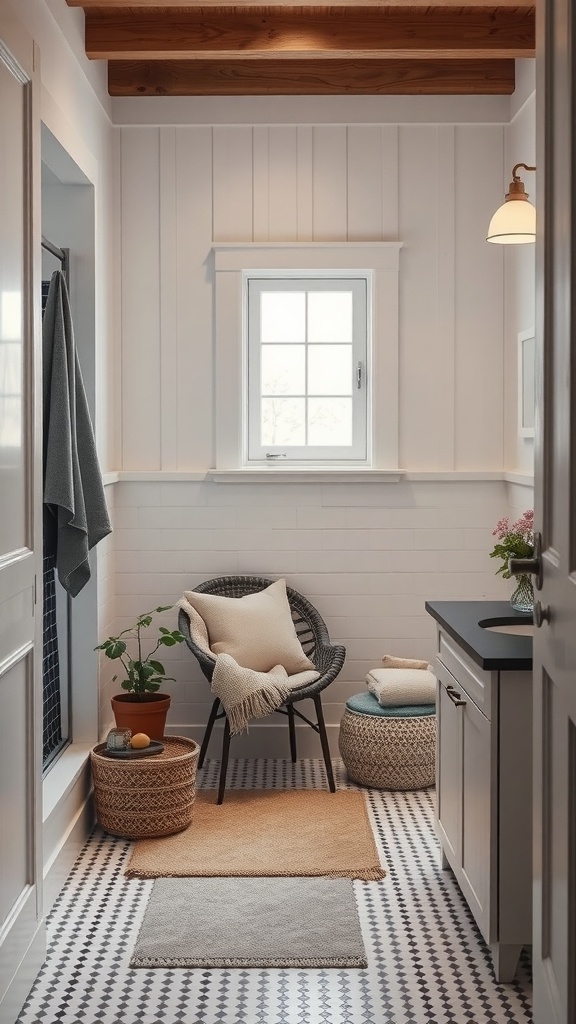 Cozy nook in a modern farmhouse bathroom with natural light, a chair, and decorative elements.