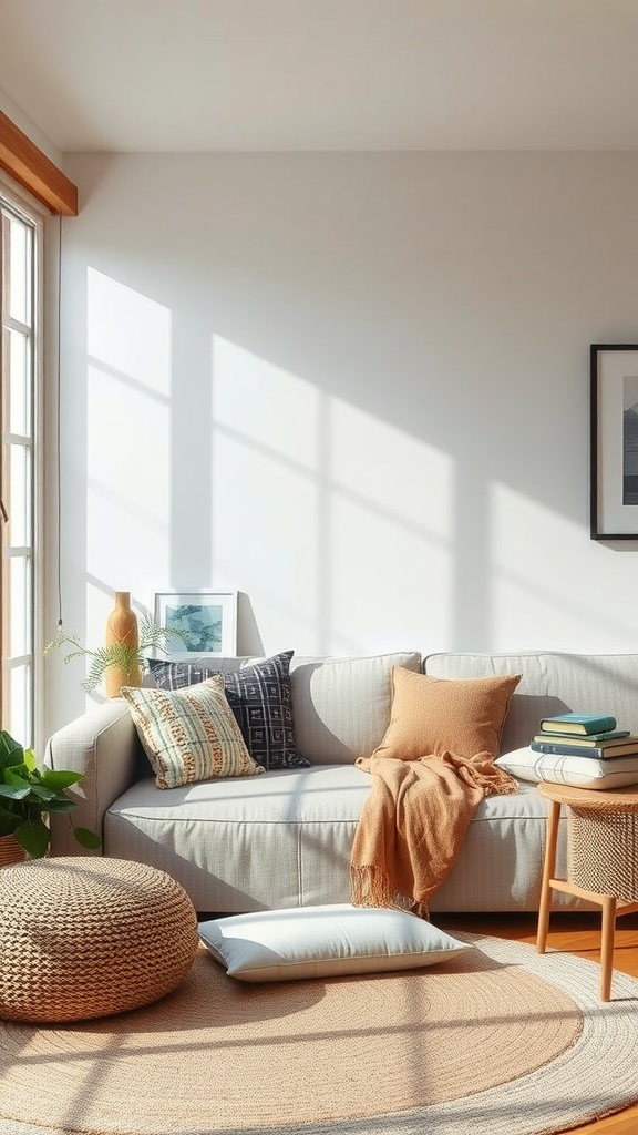 A cozy living room corner featuring a light sofa with multiple cushions, a woven pouf, a small wooden table with books, and a soft area rug.