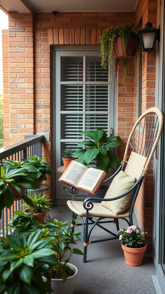 A cozy balcony reading nook with a chair, an open book, and several potted plants.