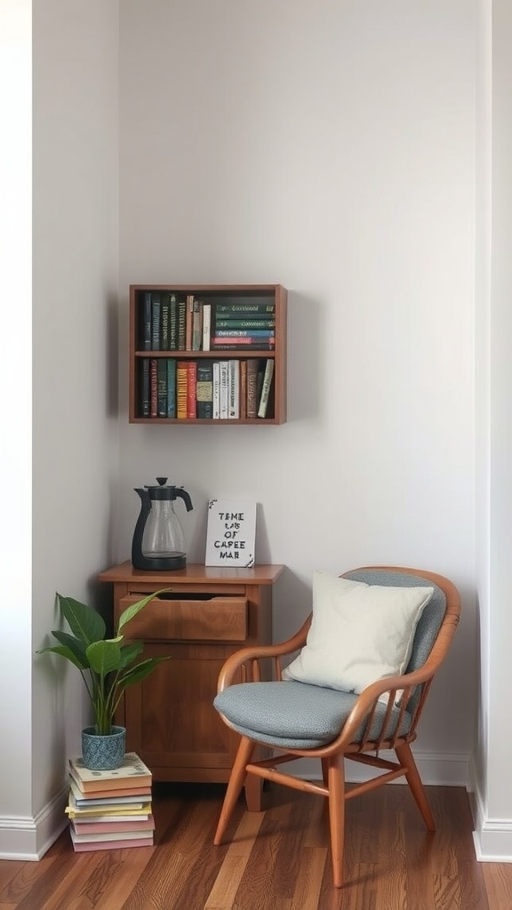 A cozy reading nook with a comfortable chair, a small bookshelf filled with books, a coffee maker, and a side table with a plant.