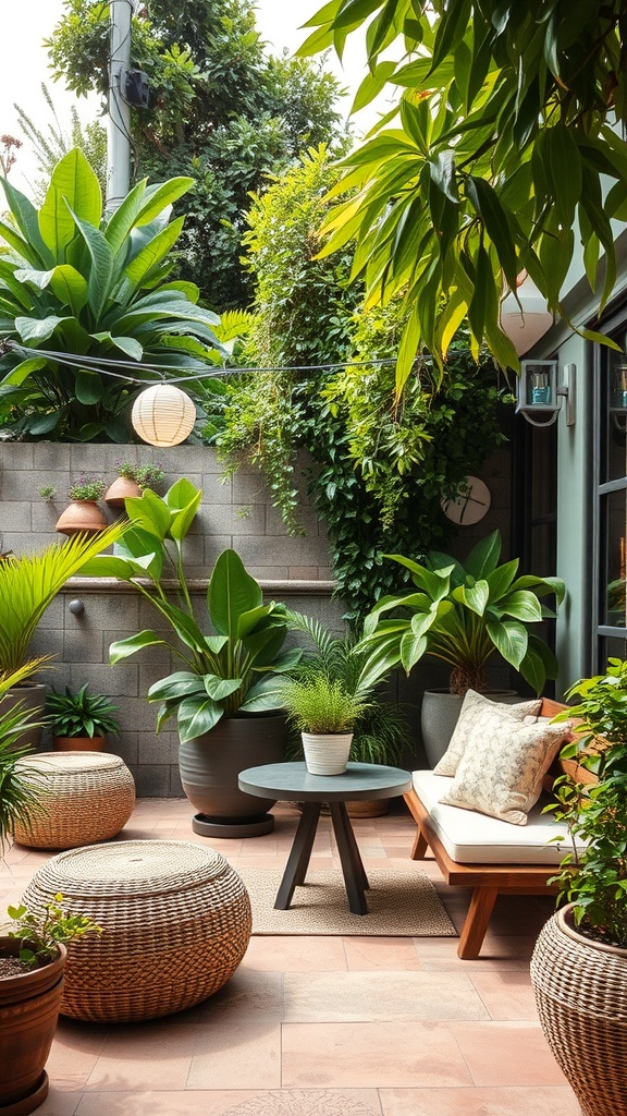 Cozy seating nook surrounded by lush plants and greenery, featuring a comfortable couch, a round table, and woven ottomans.