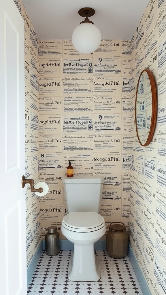 Small bathroom with craft paper look wallpaper featuring text design, white toilet, round mirror, and stylish fixtures.