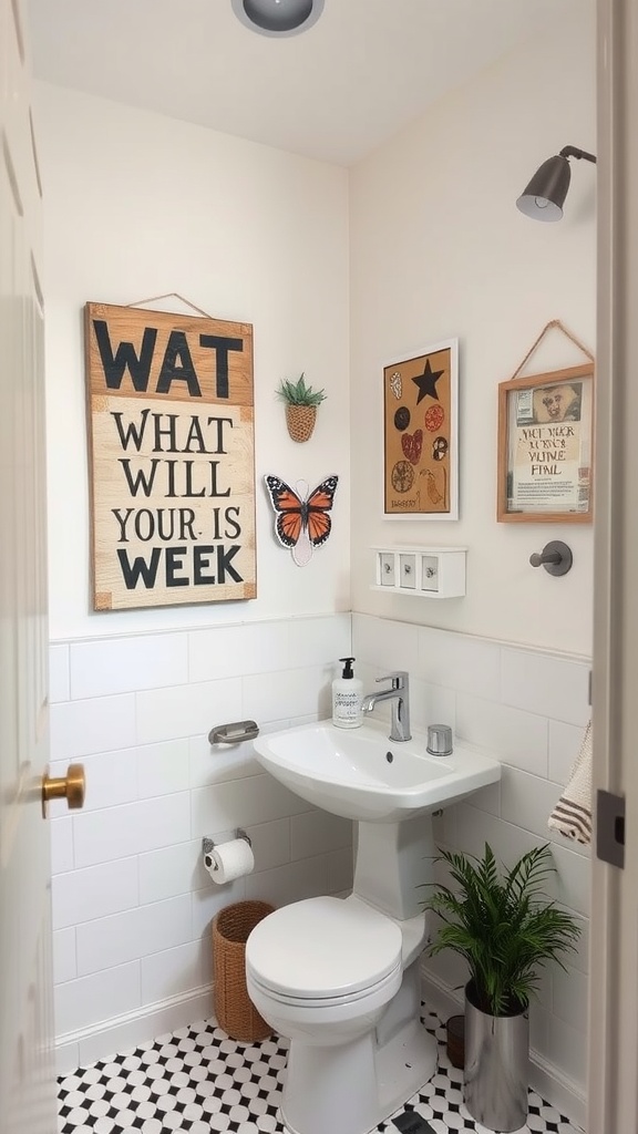 A cozy bathroom featuring DIY artwork, including a motivational wall sign and framed pictures.